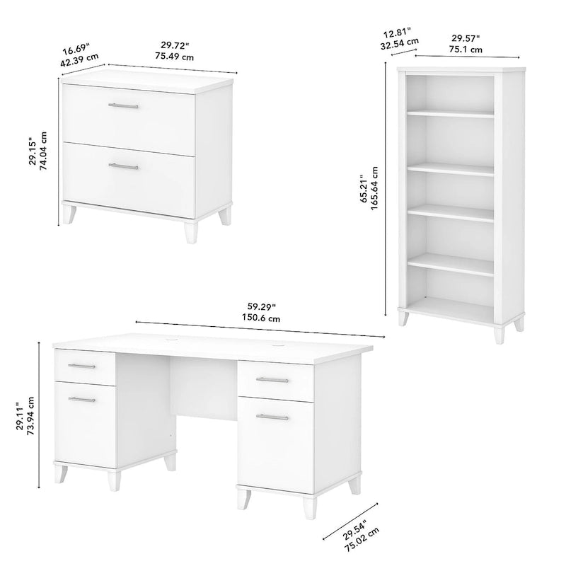 60W Office Desk with Cabinet and 5 Shelf Bookcase