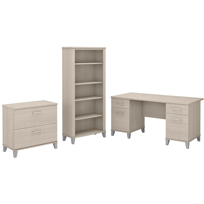 60W Office Desk with Cabinet and 5 Shelf Bookcase
