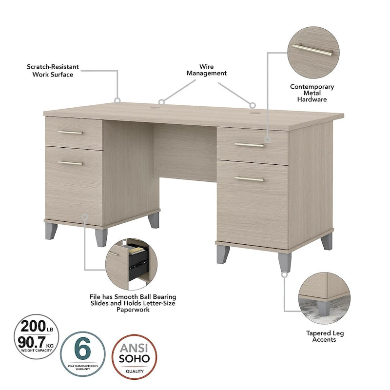 60W Office Desk with Cabinet and 5 Shelf Bookcase