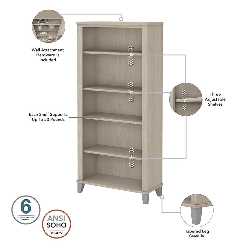 60W Office Desk with Cabinet and 5 Shelf Bookcase