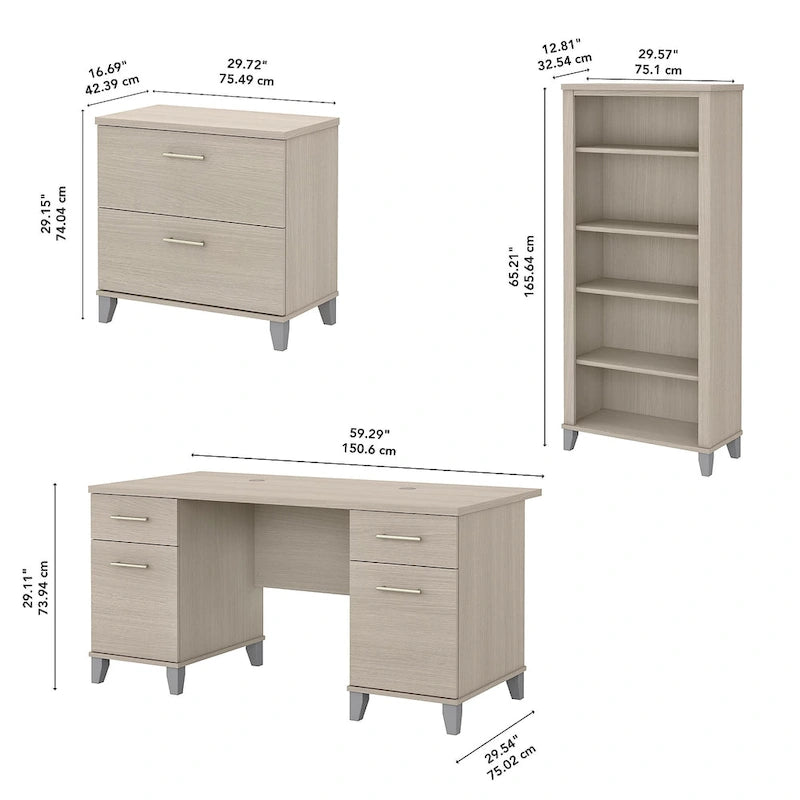 60W Office Desk with Cabinet and 5 Shelf Bookcase