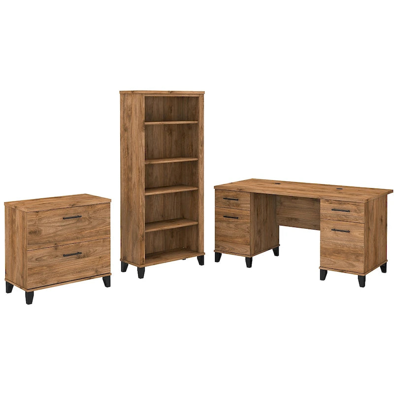 60W Office Desk with Cabinet and 5 Shelf Bookcase