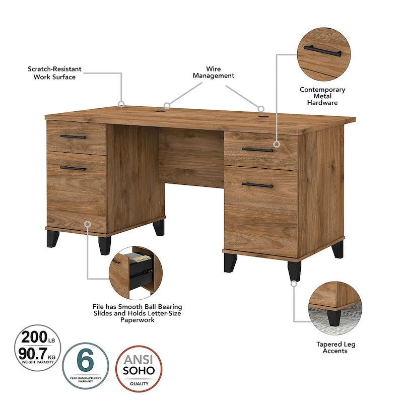 60W Office Desk with Cabinet and 5 Shelf Bookcase