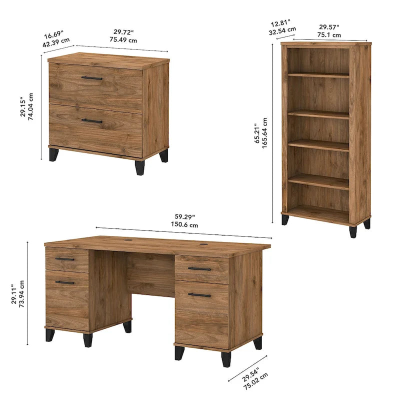 60W Office Desk with Cabinet and 5 Shelf Bookcase
