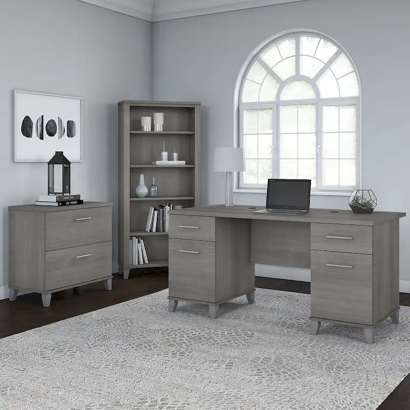 60W Office Desk with Cabinet and 5 Shelf Bookcase