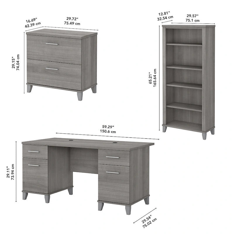60W Office Desk with Cabinet and 5 Shelf Bookcase