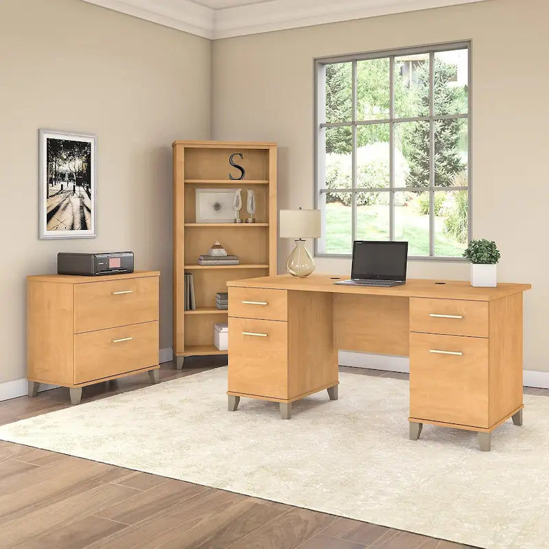 60W Office Desk with Cabinet and 5 Shelf Bookcase