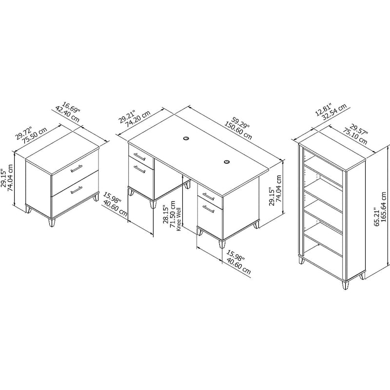 60W Office Desk with Cabinet and 5 Shelf Bookcase