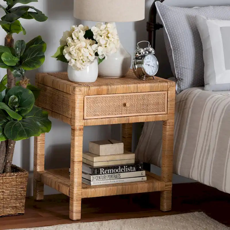 Adelia Modern Bohemian Natural Rattan and Mahogany Wood 1-Drawer Nightstand