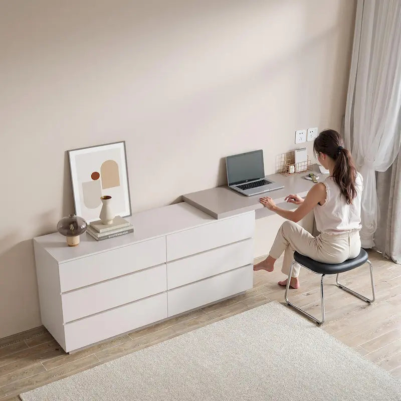 97.63 Modern Home Office Expandable Dresser Desk Combo with 6 Drawers