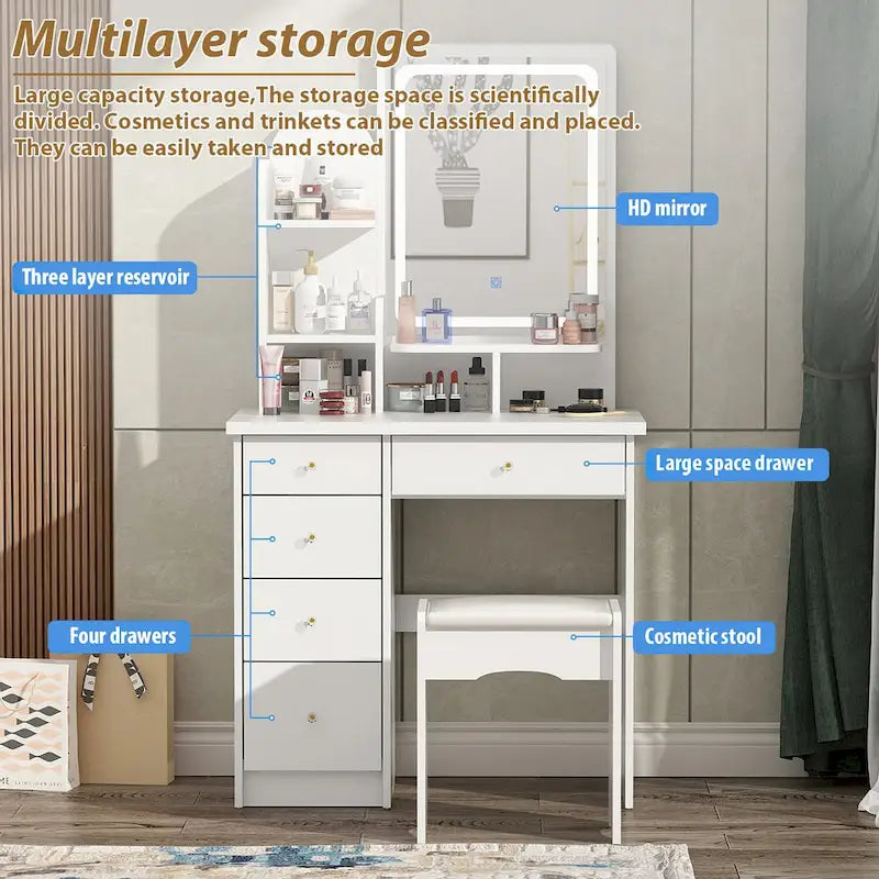 31.5  Wide Dresser Makeup Vanity With Stool and Touching Light Mirror - 31.5 W