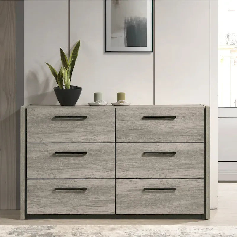 Roundhill Furniture Lenca LED Wallbed with Nightstands, Dresser, and Mirror - Weathered Gray