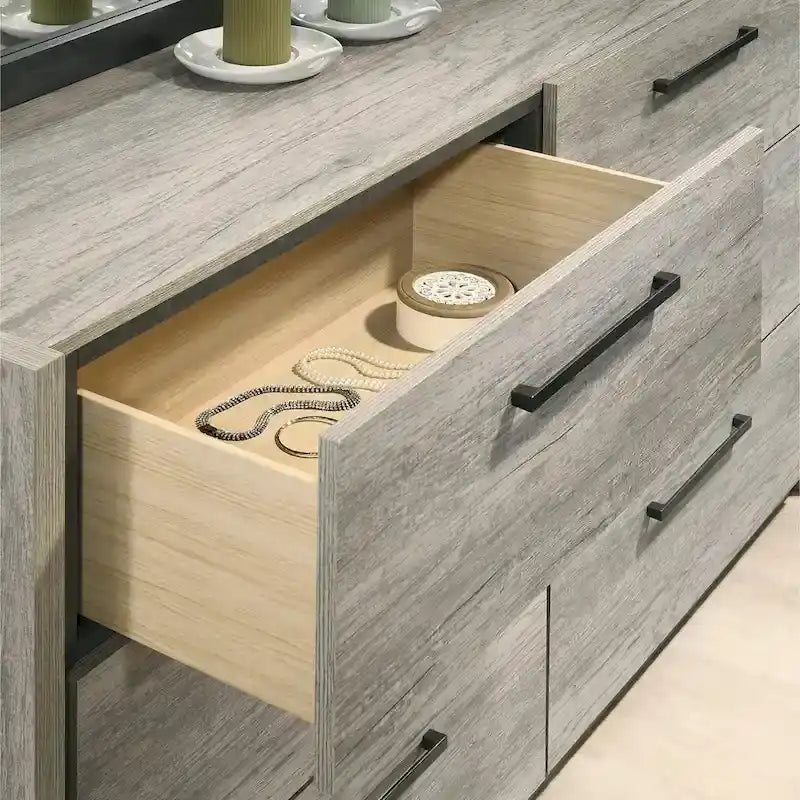 Roundhill Furniture Lenca LED Wallbed with Nightstands, Dresser, and Mirror - Weathered Gray