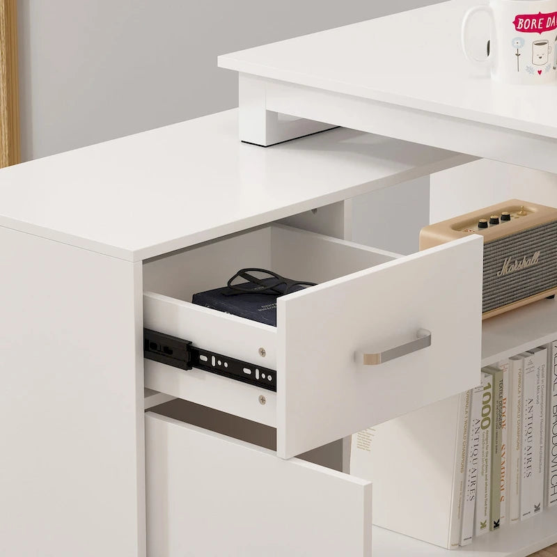 Timechee 55-inch L Shaped Office Computer Desk w/ Drawers Cabinet, White