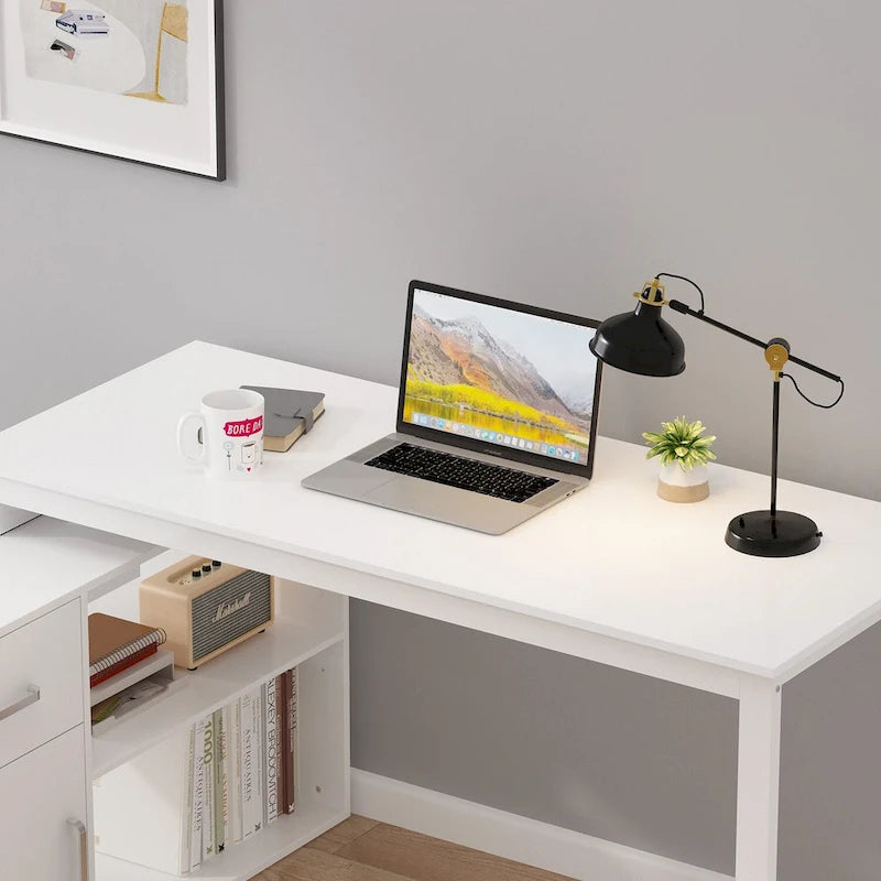 Timechee 55-inch L Shaped Office Computer Desk w/ Drawers Cabinet, White