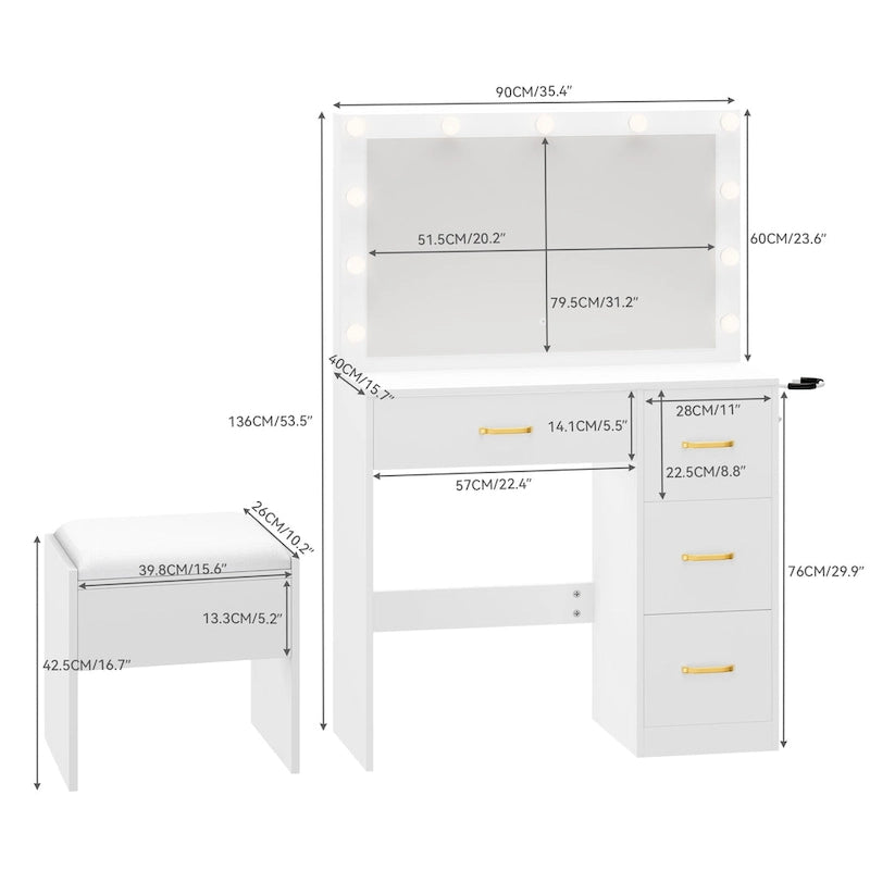 35.4  Mirror Makeup Vanity Table with Stool and Light Bulb - 35.4 L x 15.7 W x 53.5 H