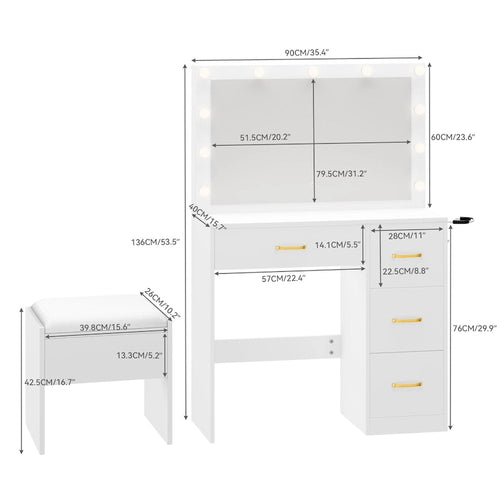 35.4  Mirror Makeup Vanity Table with Stool and Light Bulb - 35.4 L x 15.7 W x 53.5 H