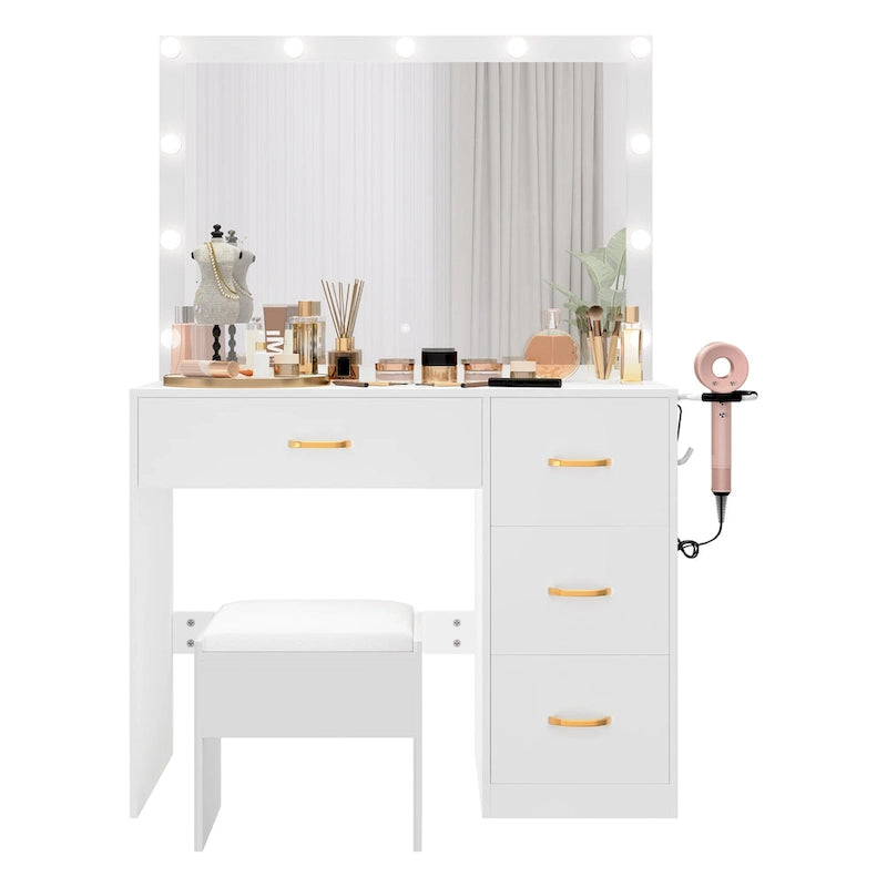 35.4  Mirror Makeup Vanity Table with Stool and Light Bulb - 35.4 L x 15.7 W x 53.5 H