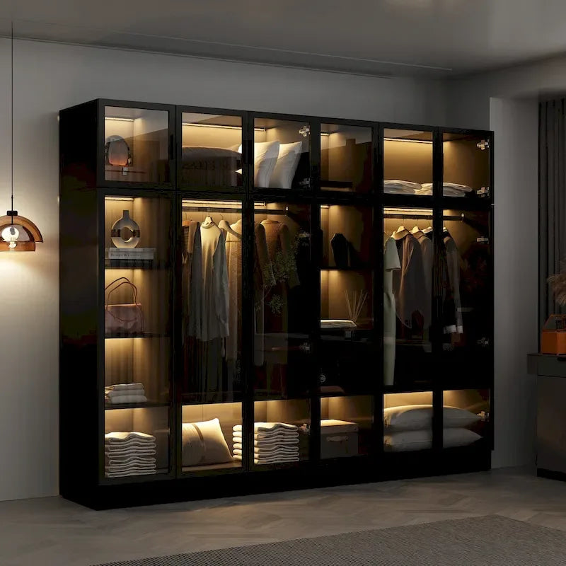 Glass Door Wardrobe Armoire Storage Closet with Light Display Cabinet