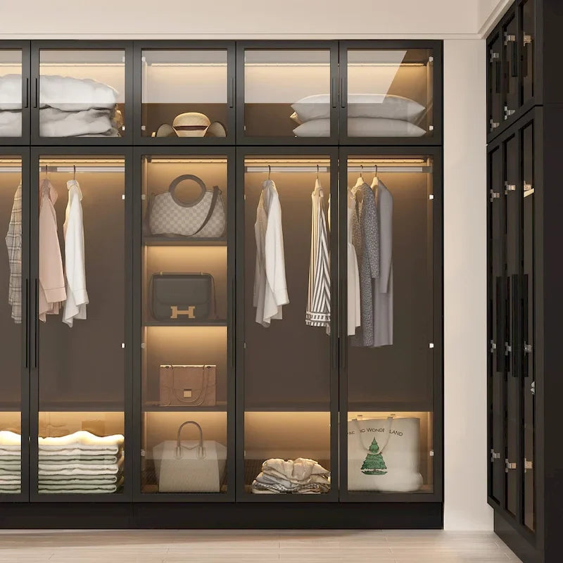 Glass Door Wardrobe Armoire Storage Closet with Light Display Cabinet