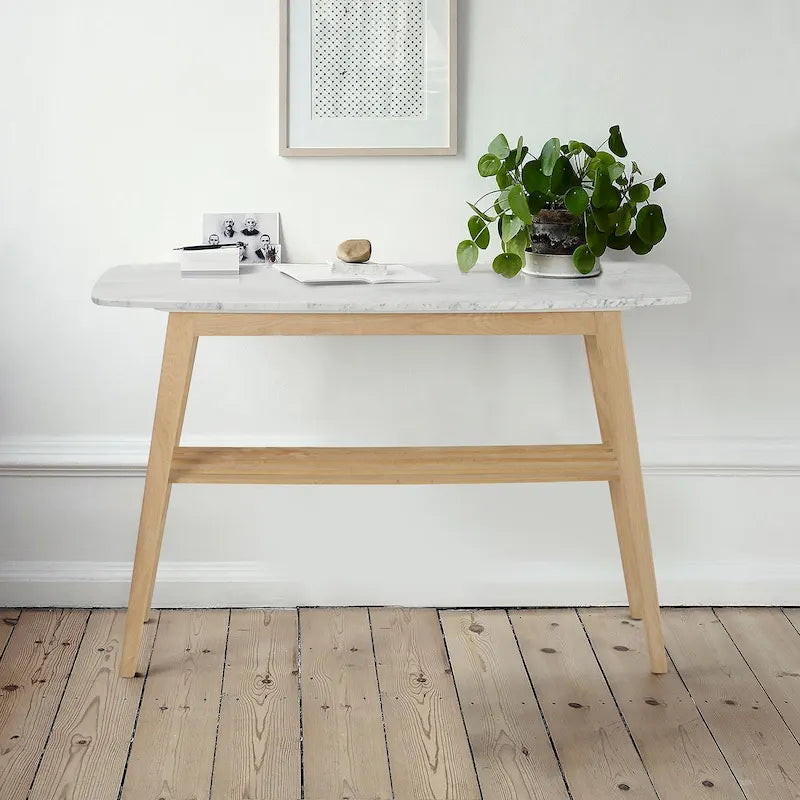 Castello 43  Rectangular Italian Carrara White Marble Console Table with Shelf - 43 L x 12 W x 31 H - 43 L x 12 W x 31 H