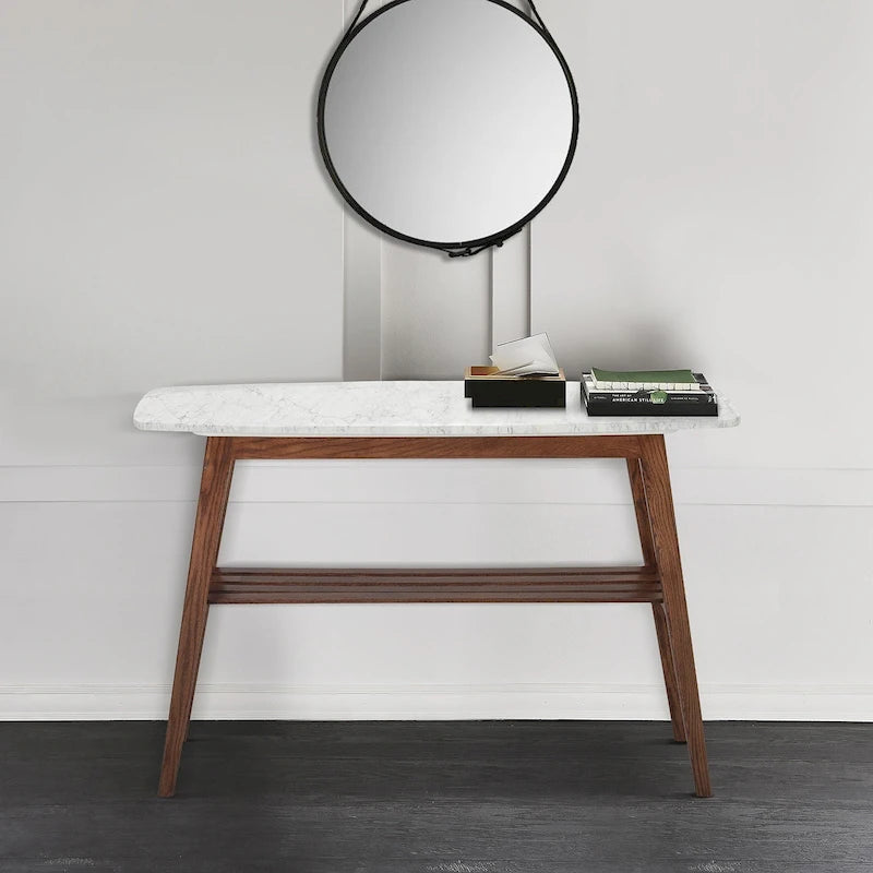Castello 43  Rectangular Italian Carrara White Marble Console Table with Shelf - 43 L x 12 W x 31 H - 43 L x 12 W x 31 H