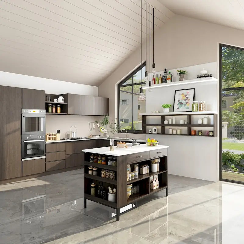 55.1 W Buffet Kitchen Island Cabinet with Open Shelves Two Drawers