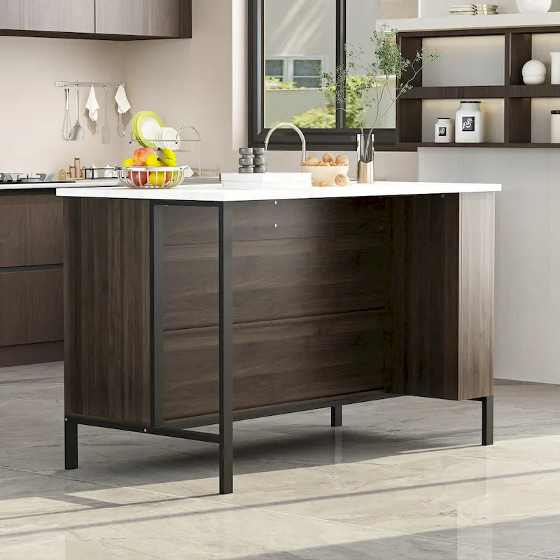 55.1 W Buffet Kitchen Island Cabinet with Open Shelves Two Drawers