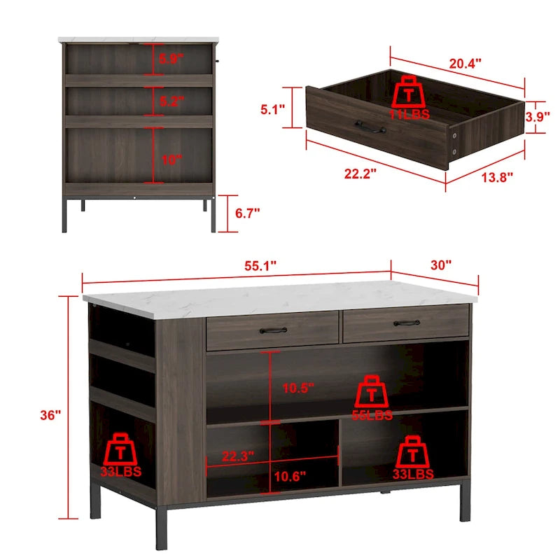 55.1 W Buffet Kitchen Island Cabinet with Open Shelves Two Drawers