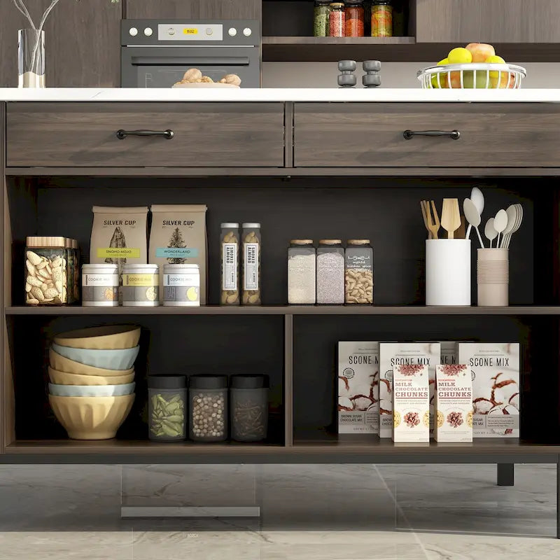 55.1 W Buffet Kitchen Island Cabinet with Open Shelves Two Drawers
