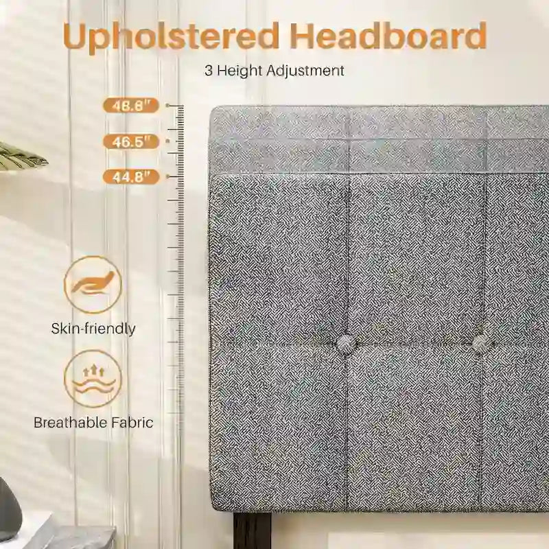 Full Bed Frame with Adjustable Headboard, No Box Spring Needed, Linen Upholstered Platform Bed Frame with Wood Slats Support