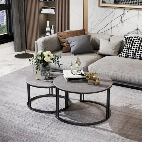 2X Round Nested Coffee Table SinteredStone Top Metal Tables - 27x16