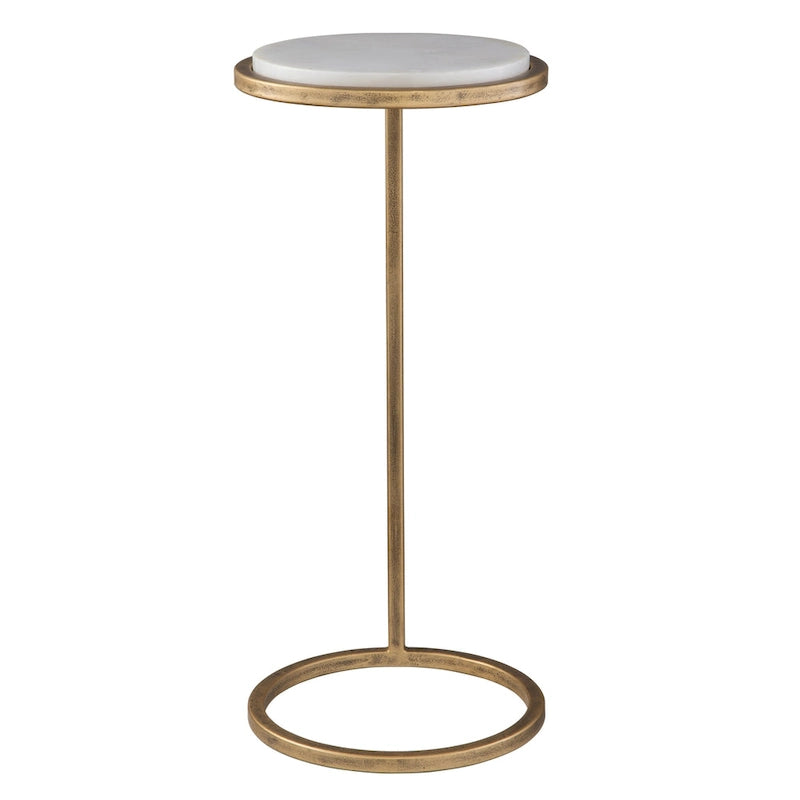 Aged Gold Iron and Solid White Marble Accent Table
