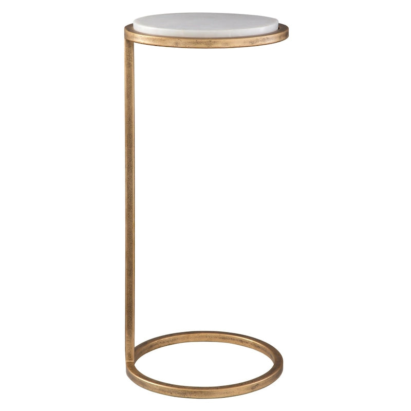 Aged Gold Iron and Solid White Marble Accent Table