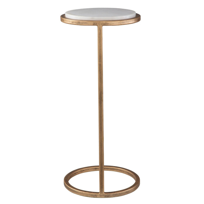 Aged Gold Iron and Solid White Marble Accent Table