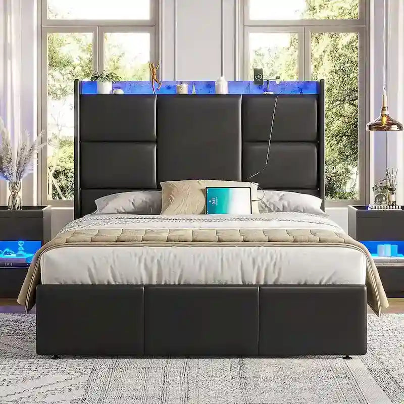 Bed Frame with Tall Stroage Headboard Platform Bed Frame