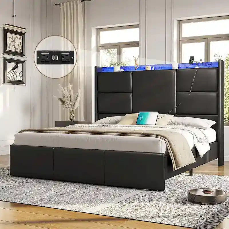 Bed Frame with Tall Stroage Headboard Platform Bed Frame