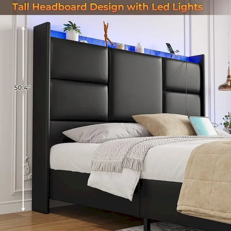 Bed Frame with Tall Stroage Headboard Platform Bed Frame