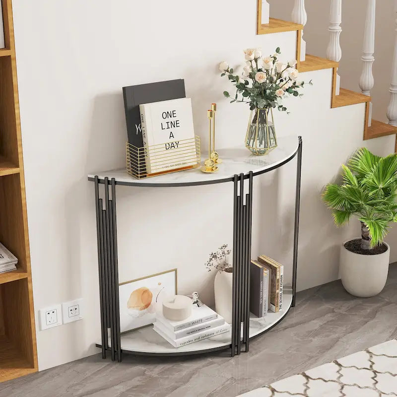 40 Inch Half Moon Console Table Sintered Stone-top Table for Entryway - 39.4x30.7 inch