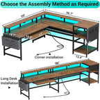 L Shaped Computer Desk Gaming Desk Keyboard Tray Power Outlets & LED