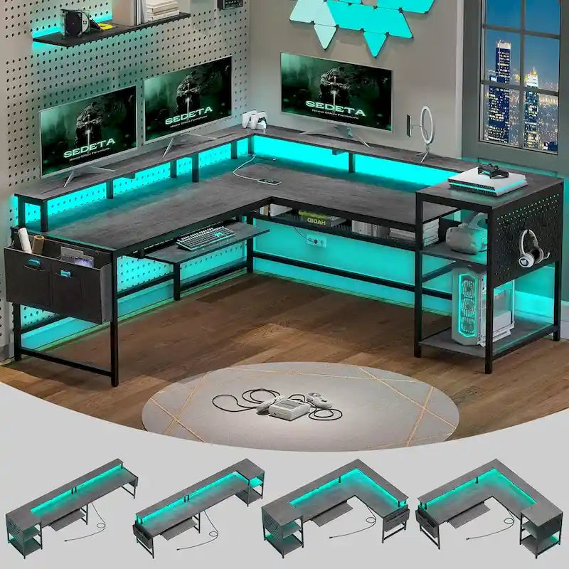 L Shaped Computer Desk Gaming Desk Keyboard Tray Power Outlets & LED