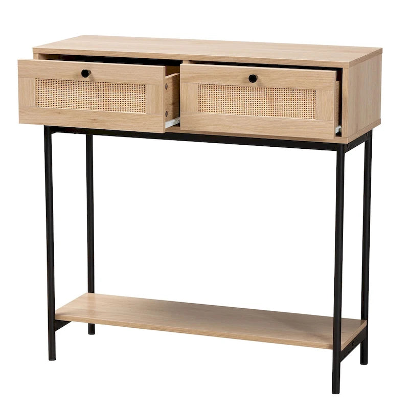Sherwin Mid-Century Modern Light Brown and Black 2-Drawer Console Table with Woven Rattan Accent