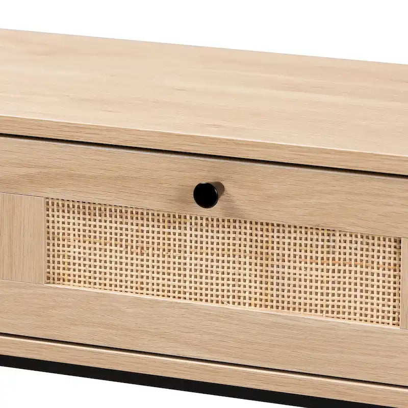 Sherwin Mid-Century Modern Light Brown and Black 2-Drawer Console Table with Woven Rattan Accent