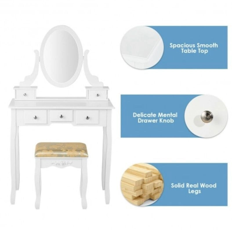 Vanity Make Up Table Set Dressing Table Set with 5 Drawers - 31.5  x 16  x 53.5  ( L x W x H )