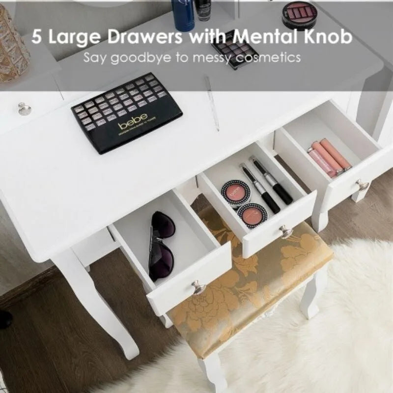 Vanity Make Up Table Set Dressing Table Set with 5 Drawers - 31.5  x 16  x 53.5  ( L x W x H )