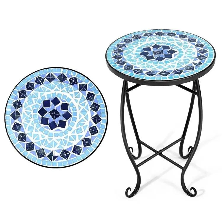 Indoor/Outdoor Blue Mosaic Round Side Accent Table Plant Stand - 14 W x 14 D x 21 H