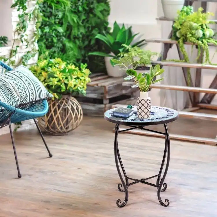 Indoor/Outdoor Blue Mosaic Round Side Accent Table Plant Stand - 14 W x 14 D x 21 H