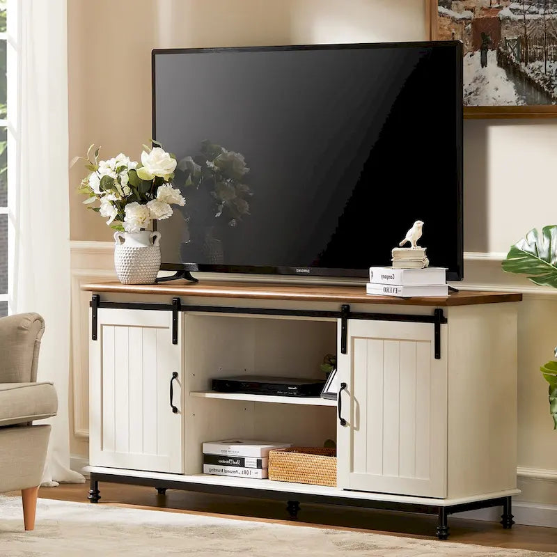 WAMPAT Farmhouse Sliding Barn Door TV Stands Storage Cabinets Entertainment Stand for TVs Up to 65 