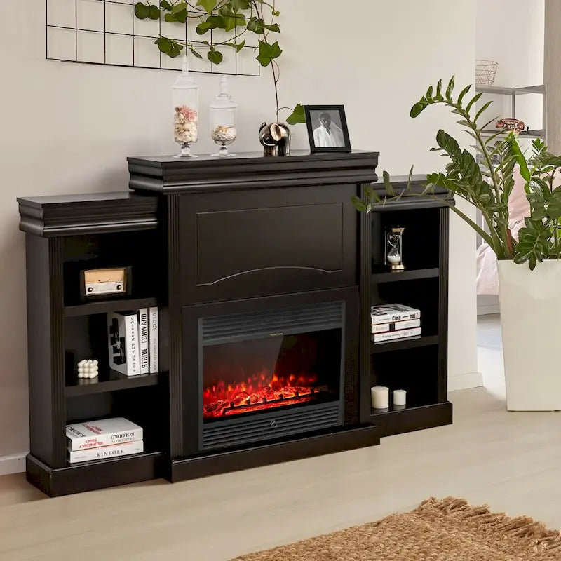 70-Inch Brown Media Entertainment Center with Bookcase and Fireplace Cabinet - 70  x 11 x 45 (L x W x H)