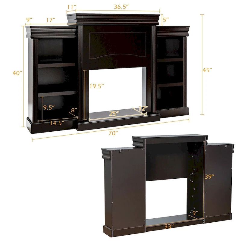70-Inch Brown Media Entertainment Center with Bookcase and Fireplace Cabinet - 70  x 11 x 45 (L x W x H)